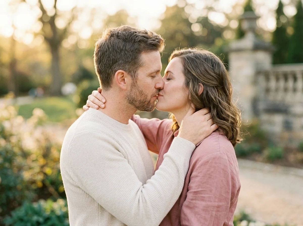 Couple sharing a soft natural kiss in warm light — Artificial Intelligence Kiss reference